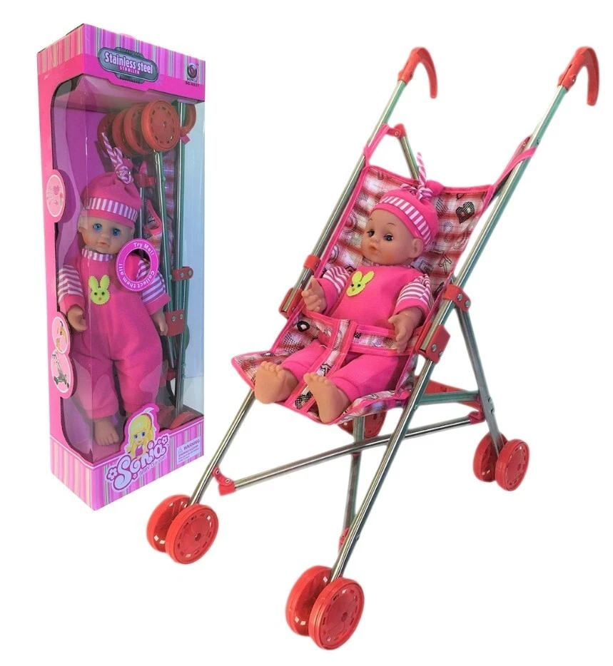 Dolls Toy Stroller Pram Pink Baby Doll Pushchair For Kids Pretend Play Toys xmas